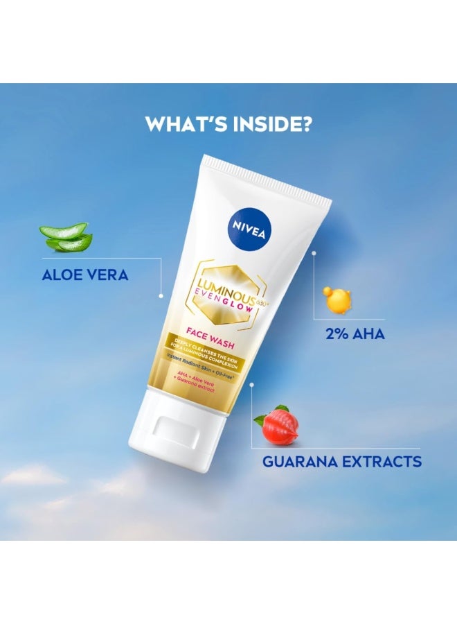نيفيا غسول الوجه NIVEA Luminous Even Glow بتركيبة خالية من الزيوت، غني بأحماض ألفا هيدروكسي وخلاصة الصبار والغوارانا، ينظف البشرة بعمق، مناسب للبشرة العادية والحساسة، للرجال والنساء | 100 مل - Image 2